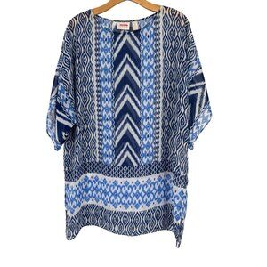 Chicos 2 Womens Ikat Pattern Tunic Top blouse semi sheer Size large Blue & White